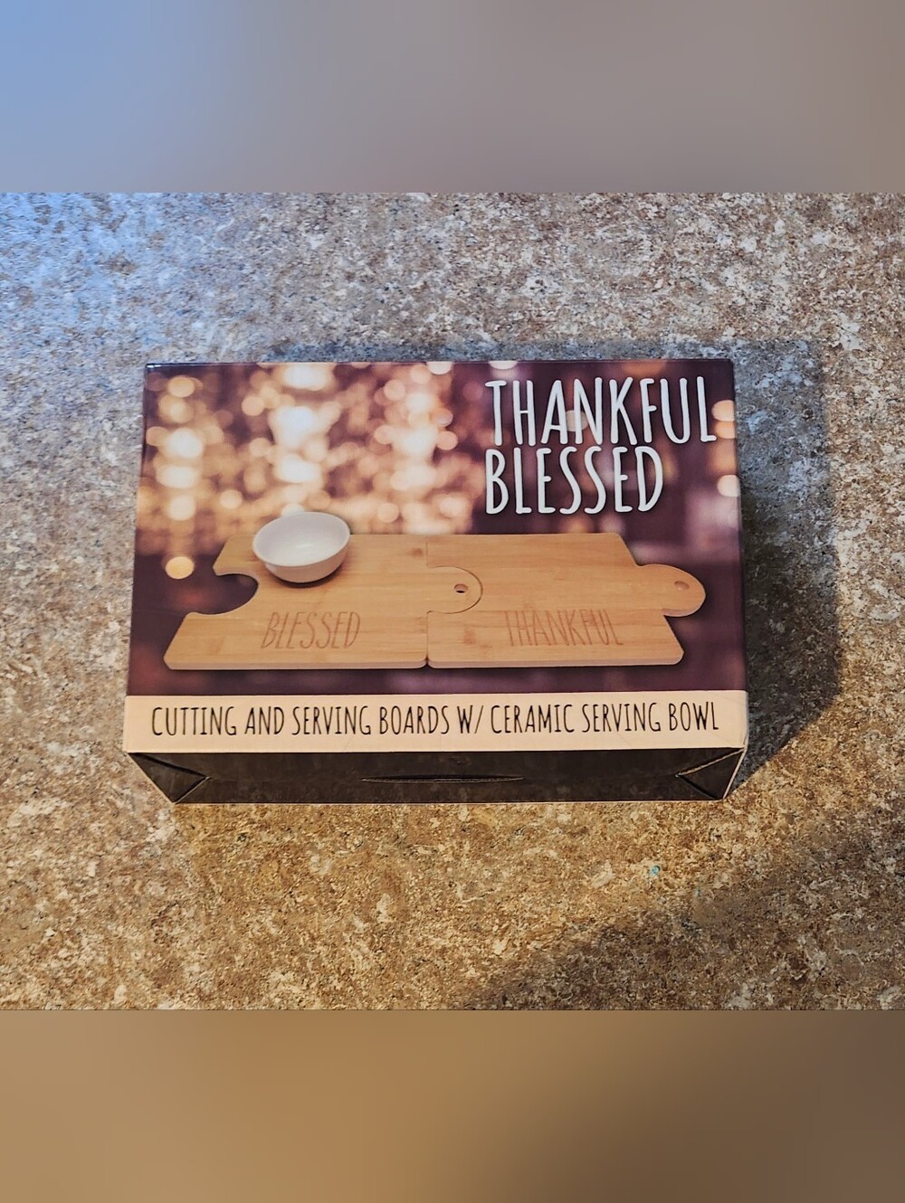 Thankful Blessed Bamboo Cutting & Serving Board Set with Ceramic Bowl - Natural